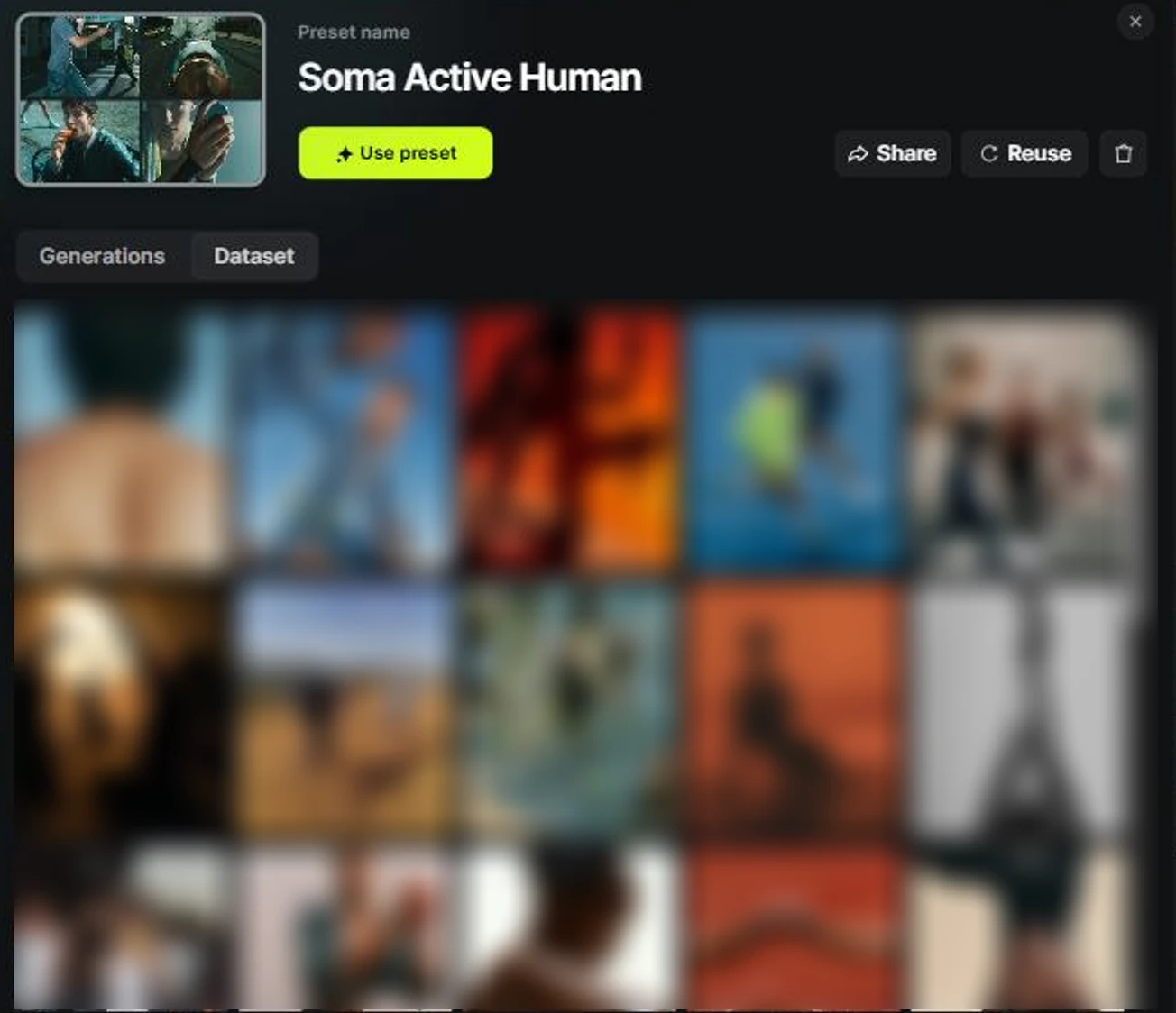 The Higgsfield moodboard panel for a preset named Soma Active Human, showing the reference grid that defines its look