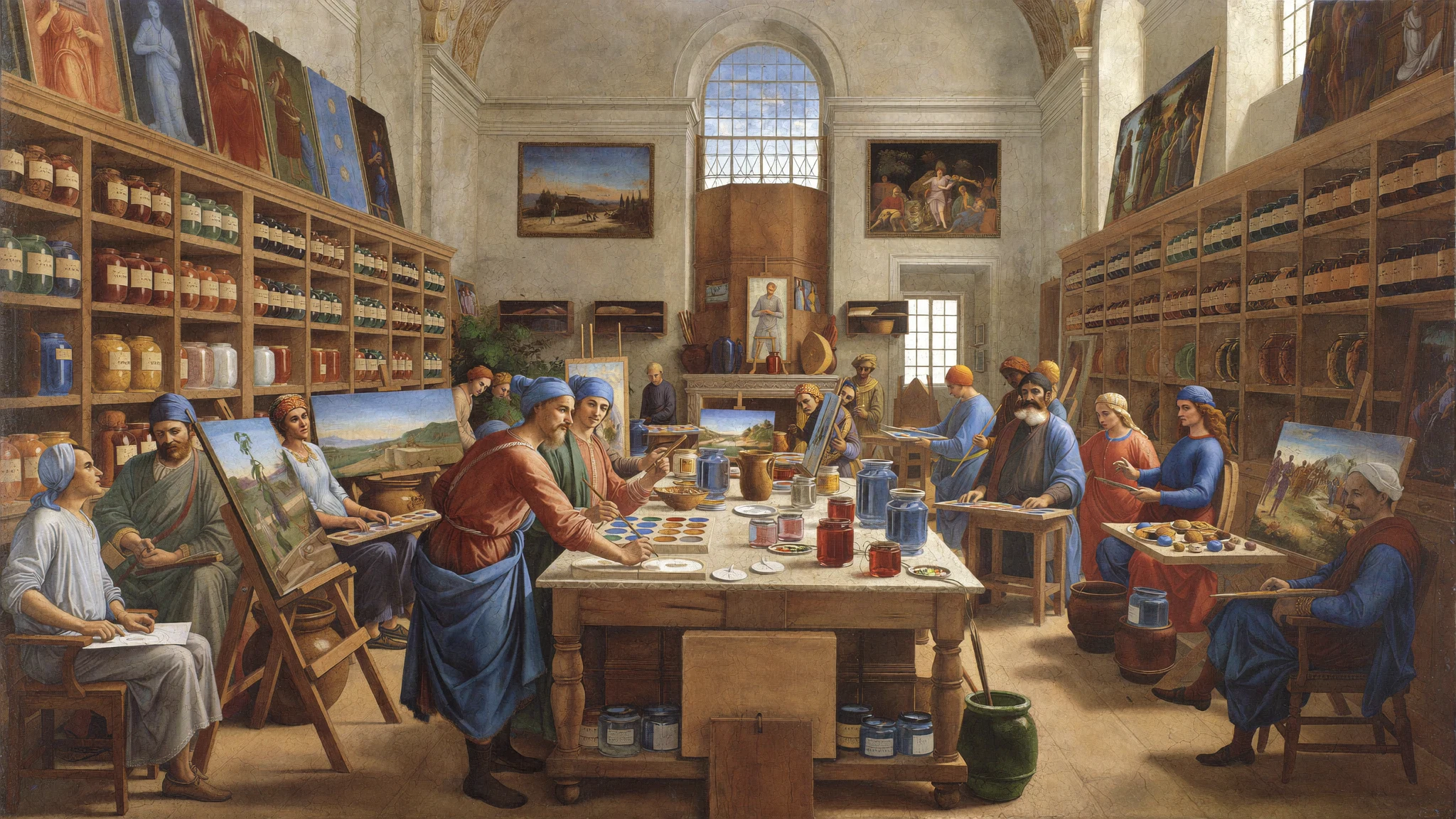 A High Renaissance fresco: a colourman's shop lined with shelves of labelled pigment jars, where one master mixes a single palette on the central table while painters around the room work on completely different pictures in exactly those colours.