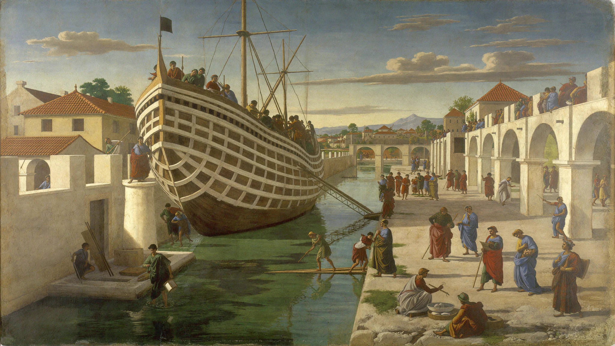 A High Renaissance fresco: a ship on the stocks in a riverside boatyard with its hull still open and its bare ribs exposed, while townspeople on the quay stand watching the making of a vessel that has carried nothing yet.