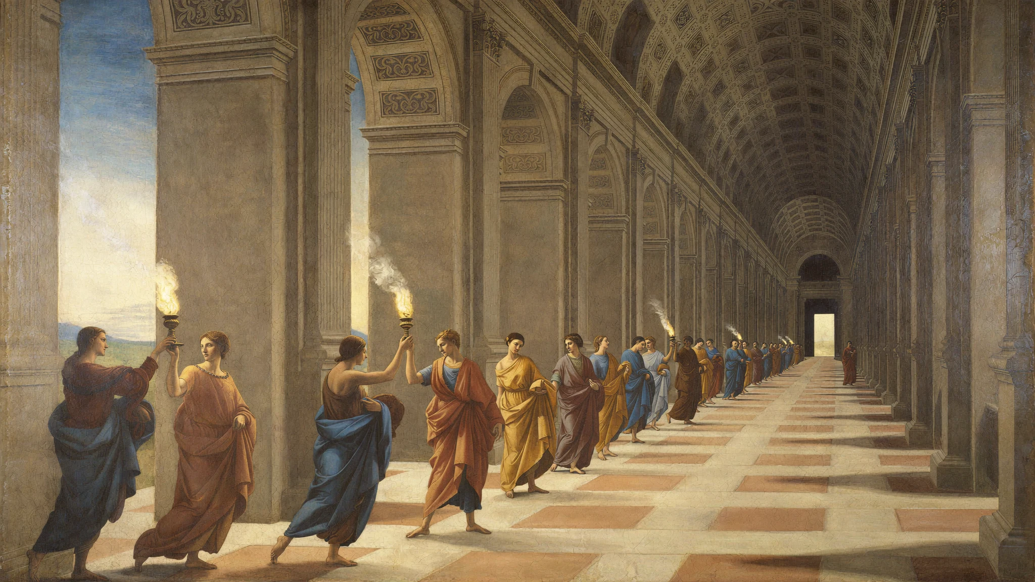 A High Renaissance fresco: a long classical colonnade in one-point perspective where a chain of robed figures passes a burning lamp hand to hand, from night at the far end toward morning at the near end.