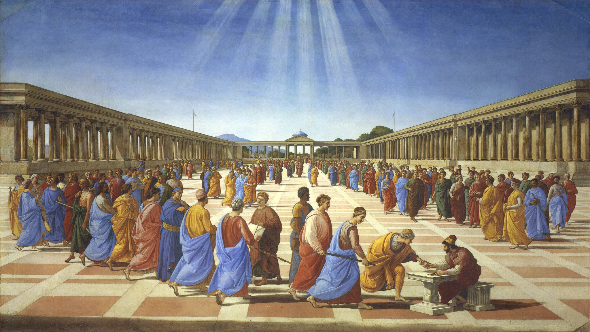 A High Renaissance fresco: an enormous crowd streams across a colonnaded piazza without stopping, while at a small stone table on the right one single figure hands a coin to a seated merchant.