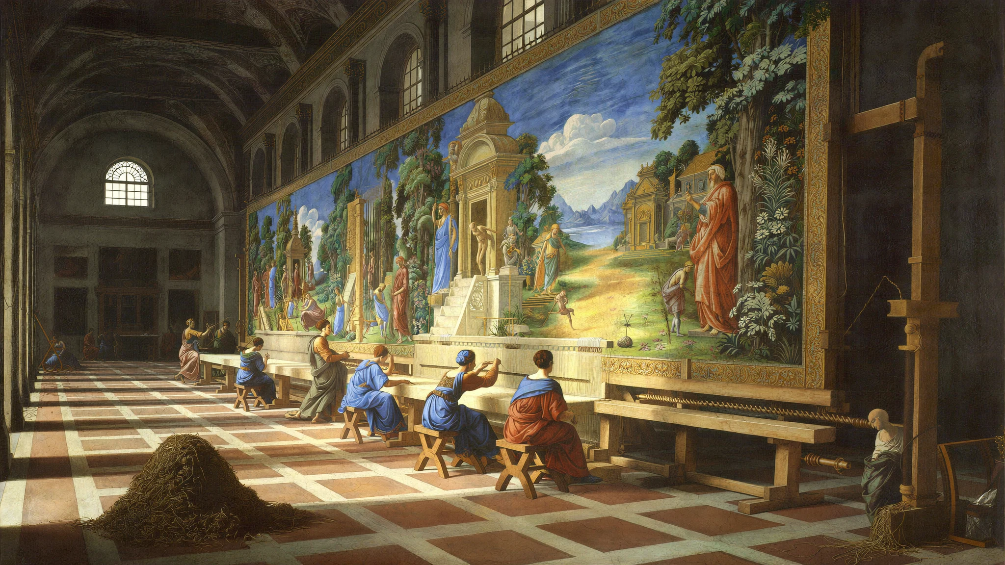 A High Renaissance fresco: an enormous tapestry on a loom fills a tall hall, already complete and glowing, while a row of weavers works one narrow live band along its lower edge and a heap of raw unworked yarn lies on the floor.