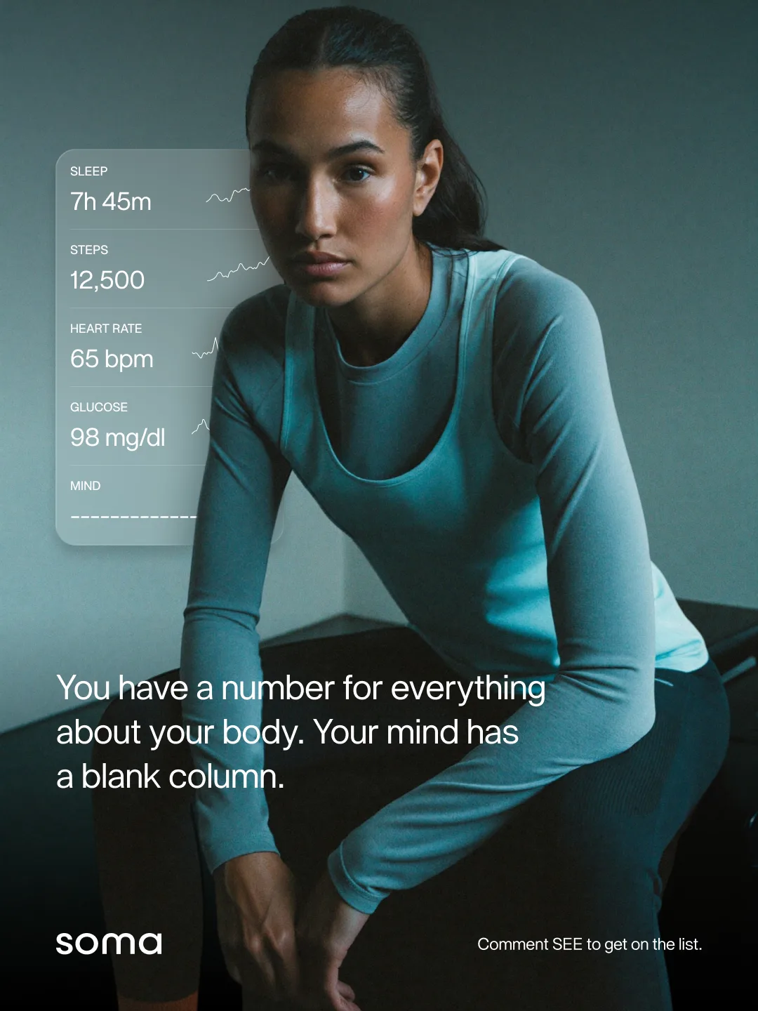 Soma social design: a seated portrait with a glass table of body metrics beside her and the mind row left dashed and empty