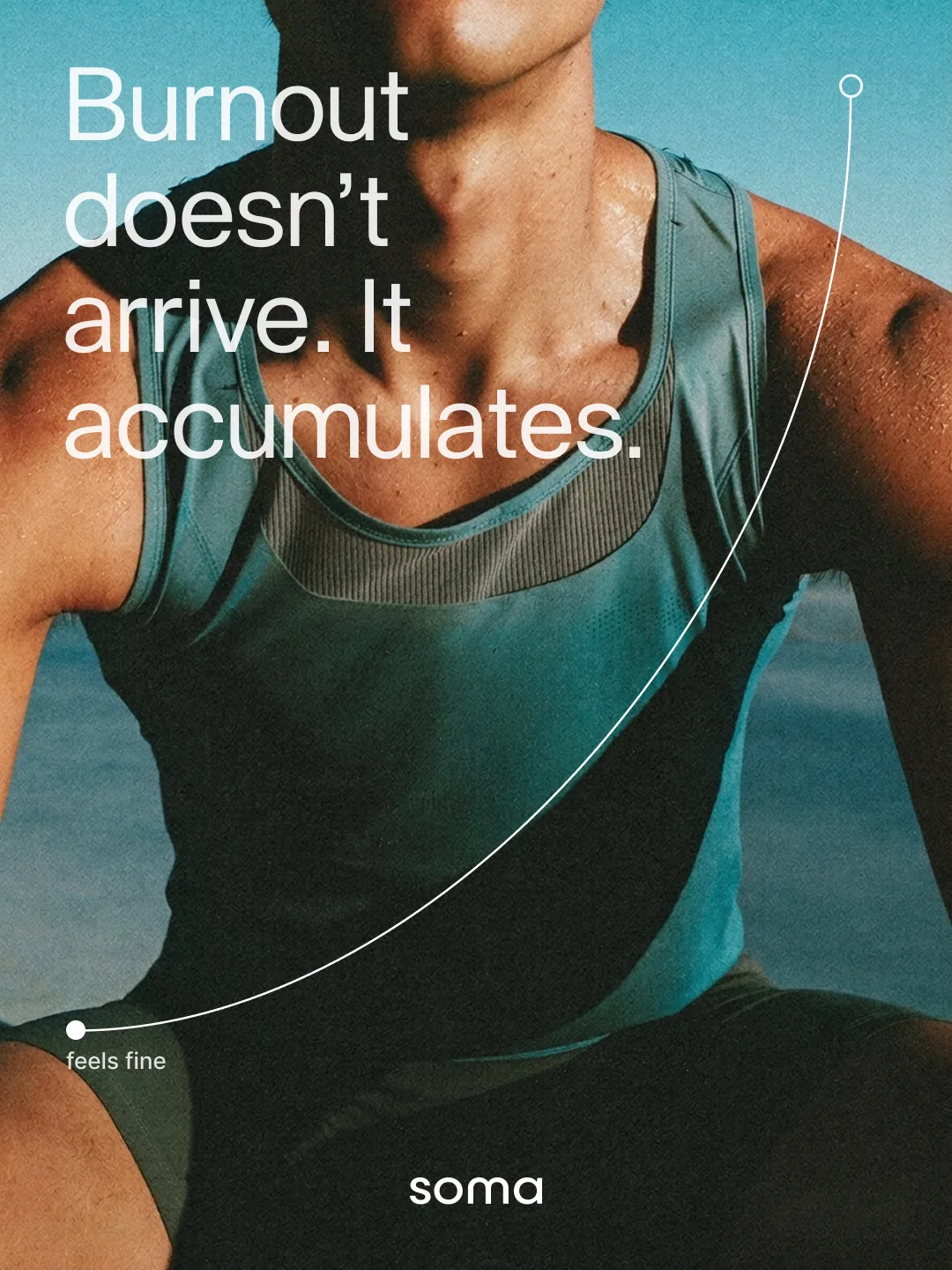 Soma social design: an athlete by the sea with a thin accumulation curve rising from a point labeled feels fine