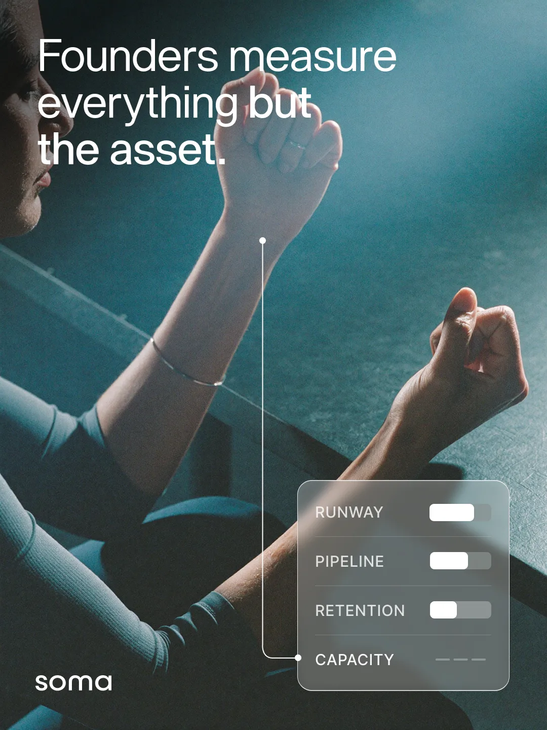 Soma social design: a founder mid stretch in hard light beside a glass panel of toggles, capacity left blank