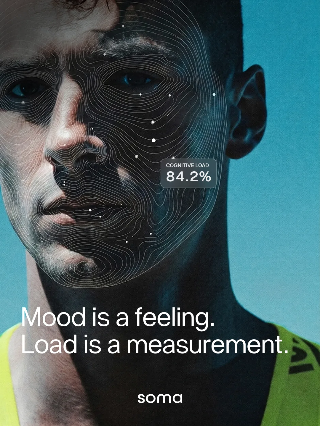 Soma social design: a face half mapped in fine contour lines with a cognitive load card