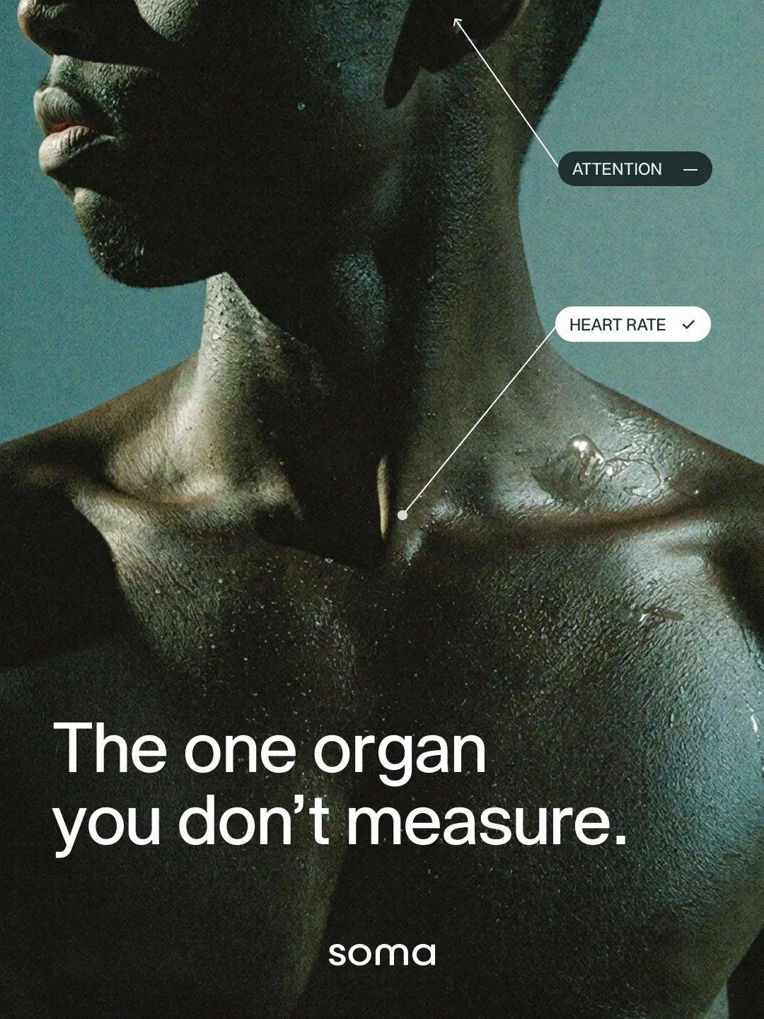 Soma social design: a low lit torso and neck with attention and heart rate annotation pins, one checked and one missing