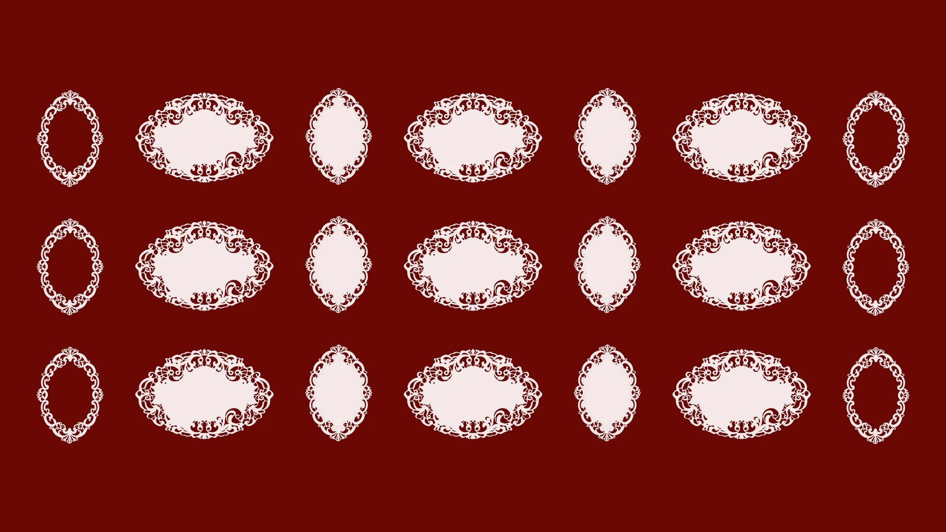 Rows of blush lace rings and plates in a straight grid on Dark Garnet