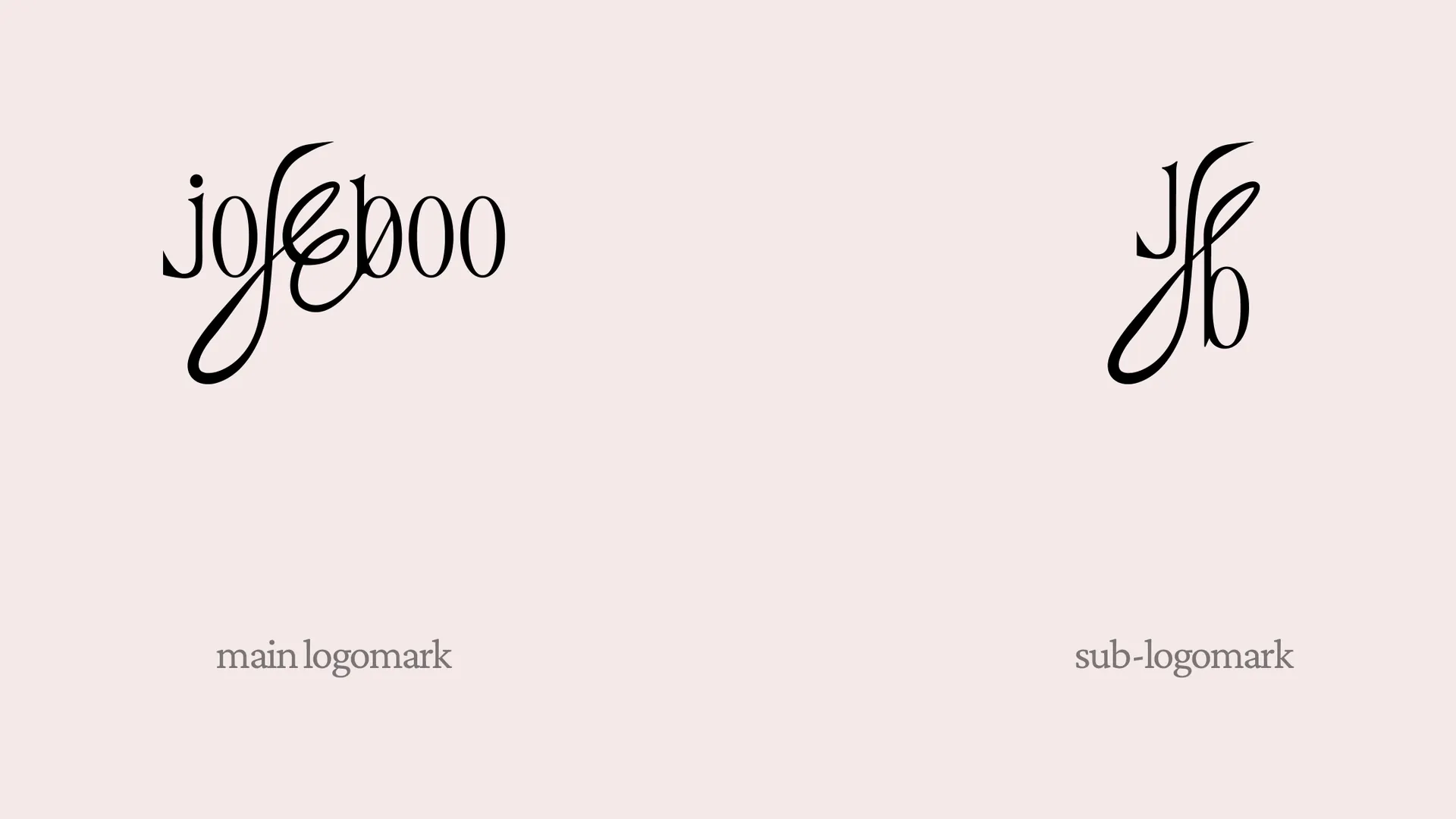The jojeeboo wordmark and the Jb monogram in Coffee Bean on Soft Blush