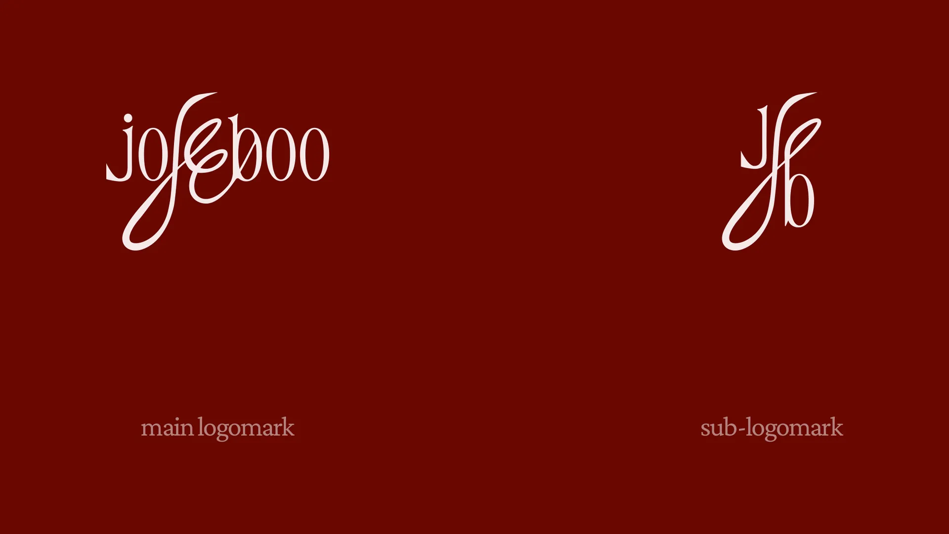 The jojeeboo wordmark and the Jb monogram in soft blush on Dark Garnet, labelled main logomark and sub logomark