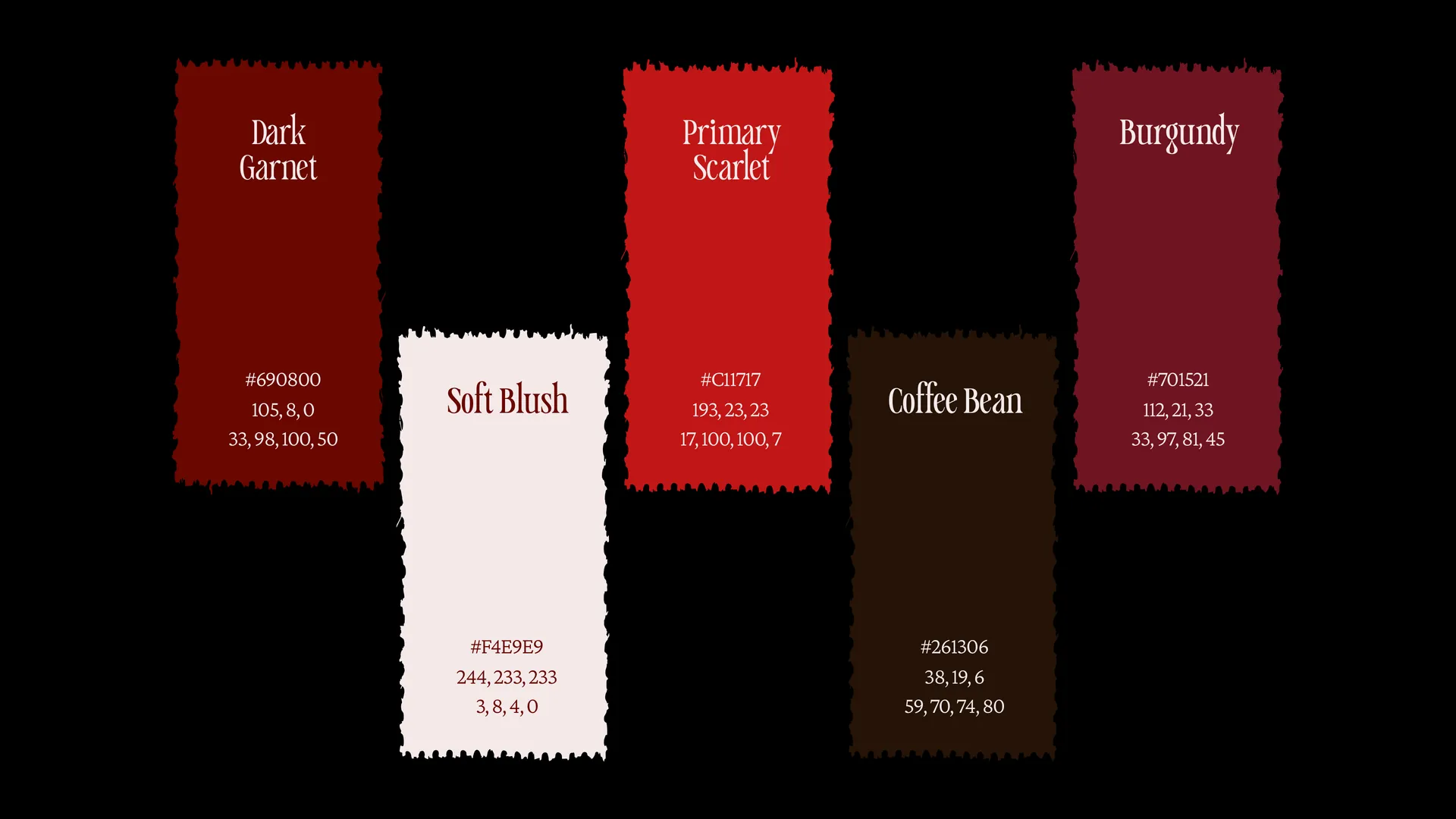 Five deckled colour swatches on black: Dark Garnet 690800, Soft Blush F4E9E9, Primary Scarlet C11717, Coffee Bean 261306 and Burgundy 701521