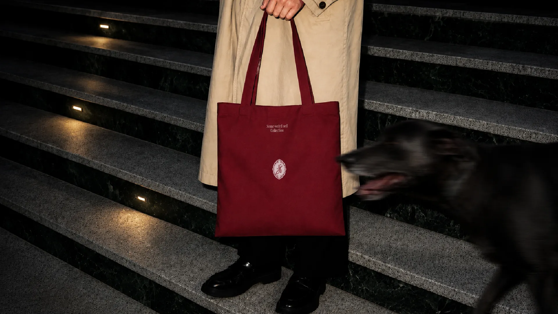 A burgundy tote with a small lace seal held on stone steps at night, a black dog blurring past